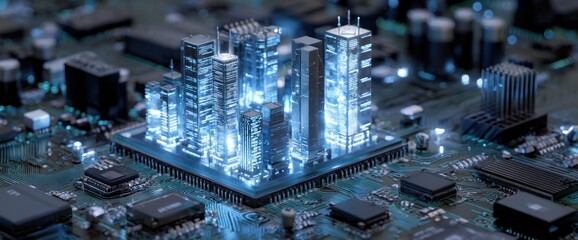 Miniature glowing city sits atop a complex electronic circuit board.