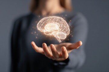 Hand holding glowing digital brain network concept above palm