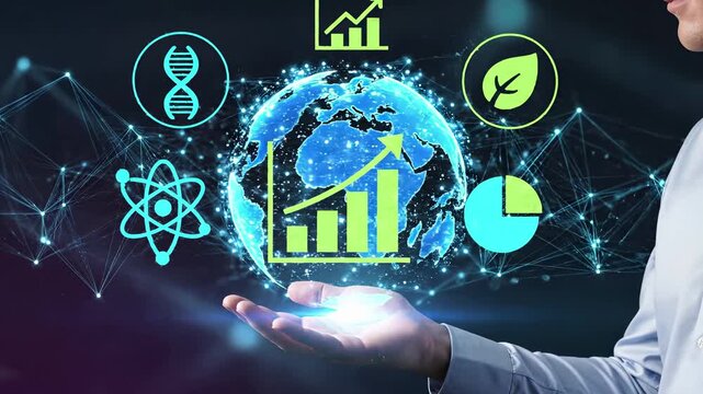 Professional holding holographic globe with growth chart and science icons including dna, atom, leaf and pie. Global business analytics visualization representing sustainability, biotechnology