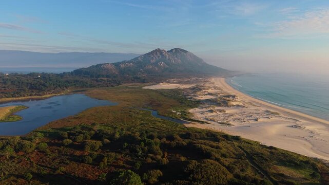 Monte Louro Mountain At The Northern End Of The R&iacute;a de Muros And Noia In A Coruna, Spain. Aerial Drone Shot
