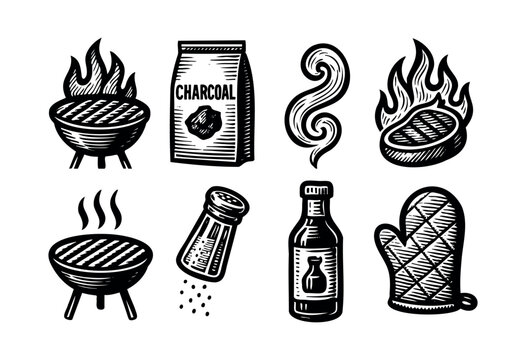 A collection of vintage-style hand-drawn vector illustrations depicting essential barbecue and grilling elements like charcoal, fire, steak, grill, smoke, sauce, shaker, and oven mitt &mdash; stock vector.