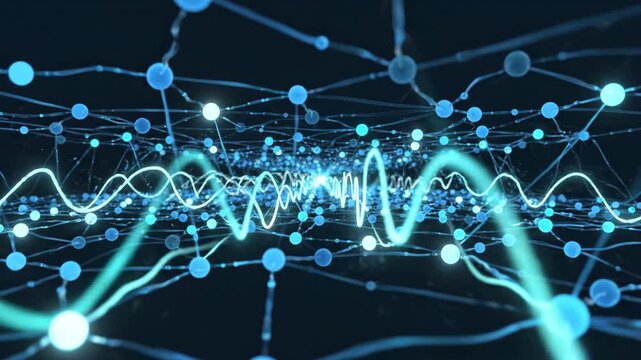 3D network of blue spheres connected by thin lines with illuminated sinusoidal waves in the center on a dark backdrop