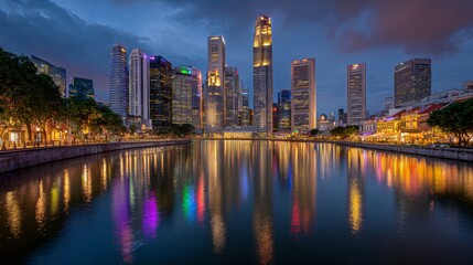 Fototapeta premium Stunning urban skyline reflection at dusk with vibrant city lights and an illuminated river in a modern metropolis, showcasing architectural beauty