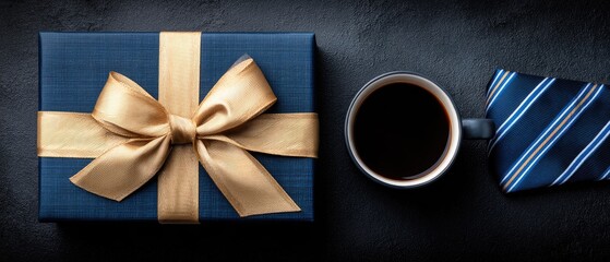 Gift box with ribbon, coffee cup, and necktie on dark background for Father's Day present idea