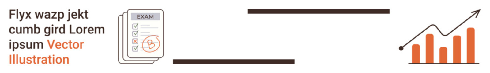 Education, business strategy, growth metrics, exam results, analytics, success tracking. Exam paper icon with a stamped result alongside a rising bar graph. Education and growth metrics concept