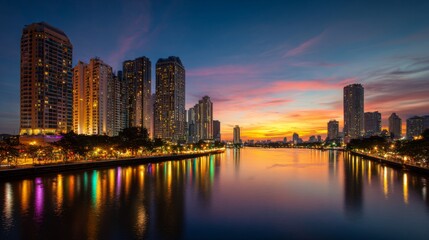 Naklejka premium Beautiful sunset over the city skyline reflecting in the calm river waters with vibrant colors of orange, pink, and purple in a serene urban environment