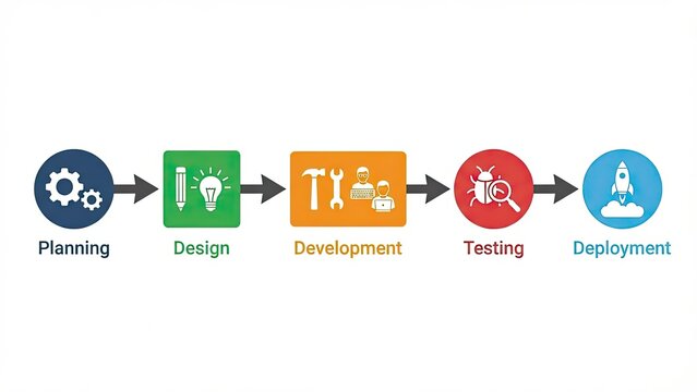 Software development life cycle process diagram showing five stages from planning design and coding to testing and deployment for agile project management and digital product engineering workflow