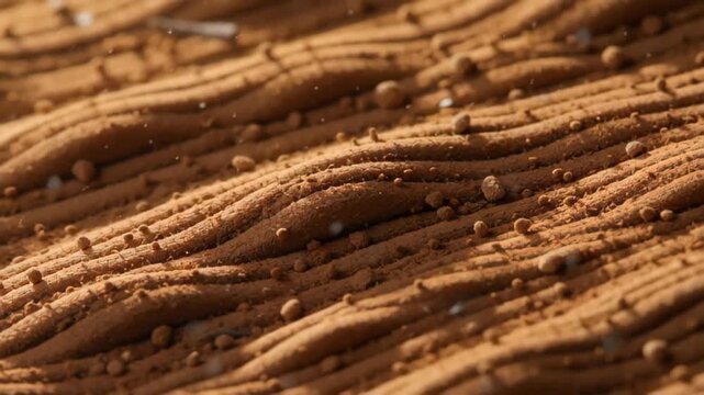 Abstract close-up of a textured brown surface with fine grooves and particles, creating a wavy pattern and a sense of depth