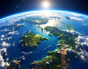 A vibrant, high-angle view depicts Earth from space, bathed in sunlight. Verdant landmasses are surrounded by sapphire waters