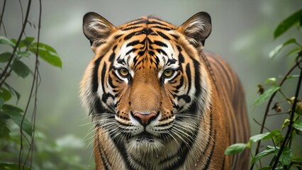 Fototapeta premium Close-up Portrait of a Fierce Tiger in a Lush, Misty Jungle