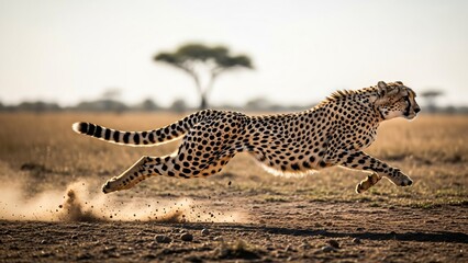 Cheetah Sprinting Across the African Savanna at Sunrise