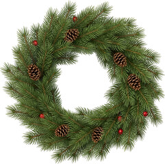 Realistic Christmas Wreath with Pine Branches and Red Berries