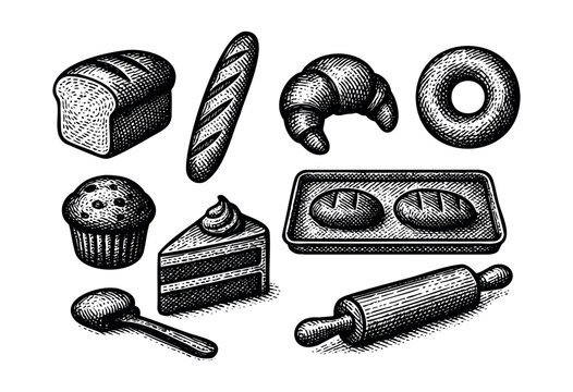 A comprehensive set of bakery items and kitchen utensils, illustrated with a detailed black and white etching technique &mdash; stock vector.