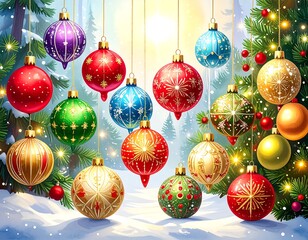 A vibrant holiday scene features numerous colorful, decorative ornaments hanging in front of a snow-covered forest background