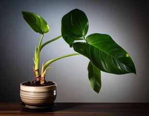 A vibrant houseplant, showcasing glossy green leaves emanating from a textured ceramic pot on a wooden surface, with a gradient gray background