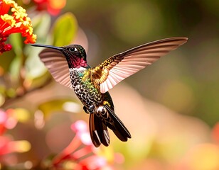 A vibrant hummingbird in flight, its iridescent feathers gleaming as it hovers near orange and red blossoms, wings spread