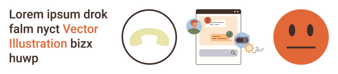 Communication, technology, digital services, emotional expression, interaction, digital tools. Circular phone symbol, chat interface emotion icon. Communication and digital services concept