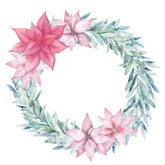 Watercolor christmas wreath. Winter frame with branch eucalyptus and poinsettia. Hand drawn vintage illustration with green leaves on white background