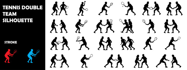 Tennis Doubles Team Silhouette Vector – Two Players Match Action