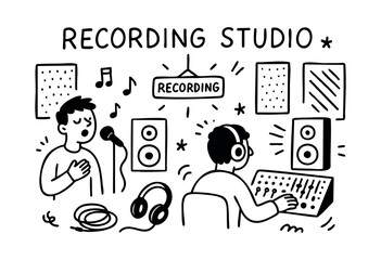 Naklejka premium A charming hand-drawn doodle illustration depicting a singer at a microphone and a sound engineer at a mixing console in a music recording studio environment — stock vector.