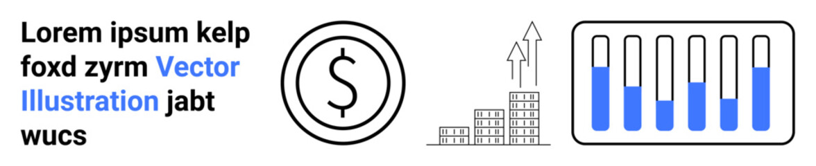 Dollar coin, tall building blocks, upward arrows, and bar chart representing growth, profit, and progress. Ideal for economy, business, investment data analysis success growth concept simple