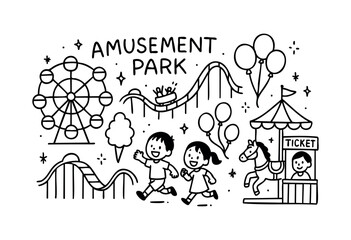 Happy children run towards a fun-filled amusement park with classic rides and attractions in a charming doodle style &mdash; stock vector.