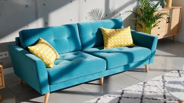 Bright living room featuring a turquoise sofa adorned with yellow patterned cushions, sunlight streaming in through large windows, creating a warm atmosphere