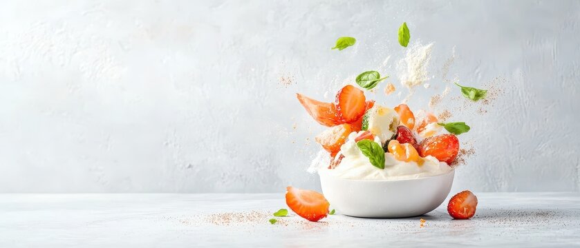 Fresh strawberries and cream dessert with airborne mint leaves and powdered sugar dusted on a light textured background, creating a dynamic culinary presentation. - Powered by Adobe