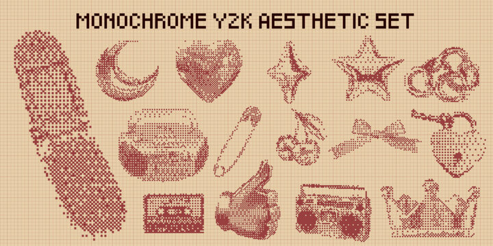 Monochrome Pixel Grunge Y2K Aesthetic Vector Set with Heart, Telephone, Star, Crescent Moon, Cassette, Boombox, Crown, Love Lock, Cherry, Safety Pin