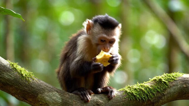 A monkey sits on a mossy branch munching on a banana with lush greenery forming the bokeh background