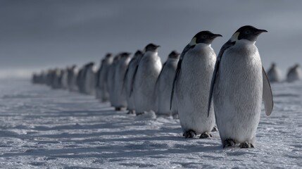 Penguin March in Winter Wonderland: A long line of emperor penguins walks in perfect formation across a snowy, icy terrain under a cold, overcast sky, demonstrating nature's remarkable adaptability.