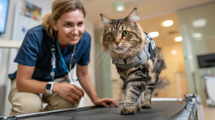 Plakat Veterinary nurse observing cat during treadmill rehabilitation. Concept of animal physiotherapy, recovery training, veterinary rehabilitation services and controlled exercise.