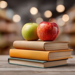 Green and red apples resting on a stack of colorful books in a library setting, with blurred shelves and warm lighting creating an inviting atmosphere for reading
