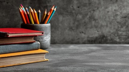 Stacked colorful notebooks in red, blue, and yellow with a concrete background, accompanied by a pot of vibrant colored pencils, creating a creative workspace atmosphere