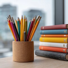 Colorful assortment of pencils and pens in a cork holder beside a stack of vibrant books on a wooden desk, creating an inspiring workspace atmosphere