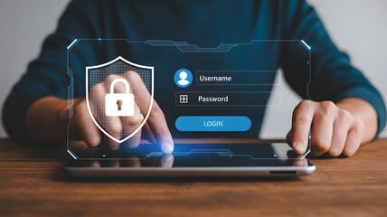 Person logs into a secure digital device on a wooden desk, using a digital interface with a security lock, symbolizing data protection