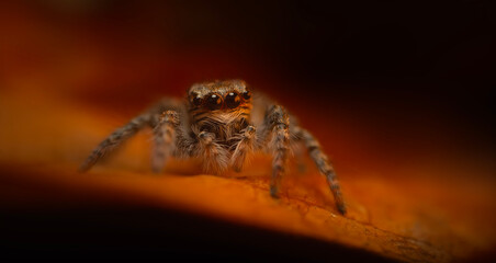 An aesthetically pleasing and eye-catching photograph of a spider against a background dominated by warm colors. The spider species is a jumping spider. Natural background. 