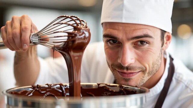 a smiling pastry chef mixing smooth melted chocolate with a large whisk in a professional kitchen