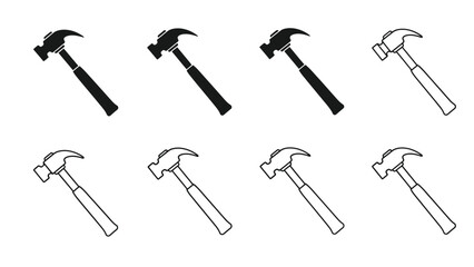 A collection of hammer tools in different styles and perspectives shown