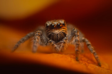 An aesthetically pleasing and eye-catching photograph of a spider against a background dominated by warm colors. The spider species is a jumping spider. Natural background. 
