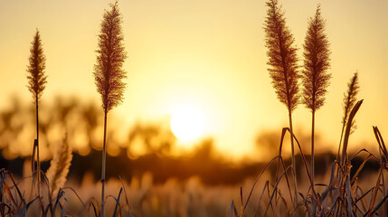 Fototapeta premium Sunrise or Sunset Silhouette of Grass Plumes with Golden Bokeh, Natural Background for Calmness, Autumn, or Harvest Theme.
