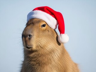 Capybara wearing red Christmas hat. Festive animal portrait for holiday and seasonal marketing, Christmas greeting card and celebration concept.