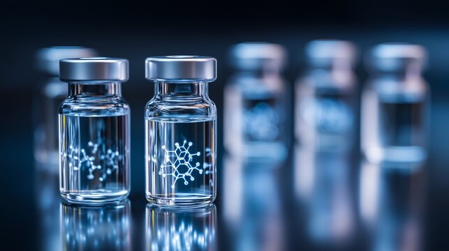 Innovative peptide molecules for biotechnology and skincare solutions at a lab setting with vials in focus