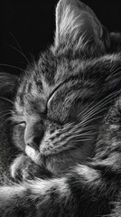 Serene Slumber: A close-up, monochromatic portrait of a domestic cat in peaceful repose, its eyes gently closed, exuding tranquility and comfort.