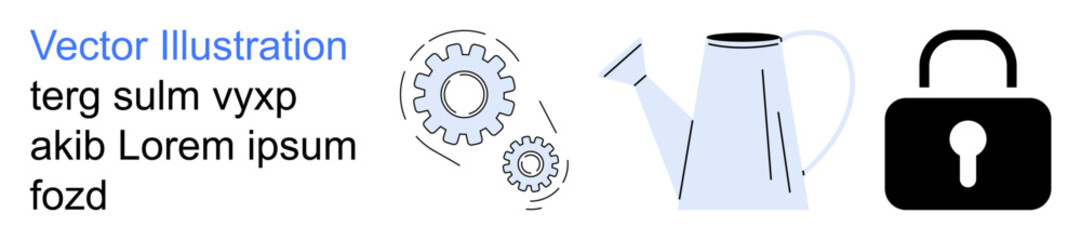 Productivity tools, gardening, security, mechanical systems, growth, information safety. Gears, watering can and padlock icons in a flat design. Productivity and security visual