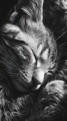 Peaceful Slumber: A serene close-up of a domestic cat in peaceful repose, its eyes gently closed, bathed in soft light and showcasing its calm demeanor.