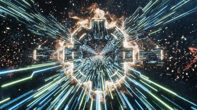 Futuristic Spacecrafts Traveling Through a Hyper-Speed Digital Warp Tunnel with Bright Light Effects