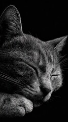 Silent Slumber: A serene, monochrome image portrays a cat in deep slumber, its eyes gently closed, exuding tranquility. The soft textures and gentle shadows cast a calming effect.