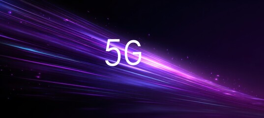 White 5g text over abstract purple light streaks background