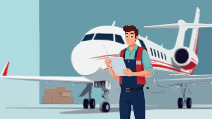 Aircraft Maintenance Engineer Reviewing Maintenance Log &ndash; Professional Vector Illustration